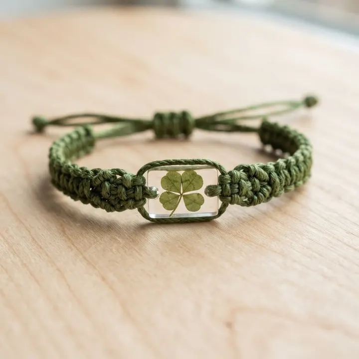 Moosgrünes Makramee-Armband mit kleinem Harzanhänger und vierblättrigem Klee